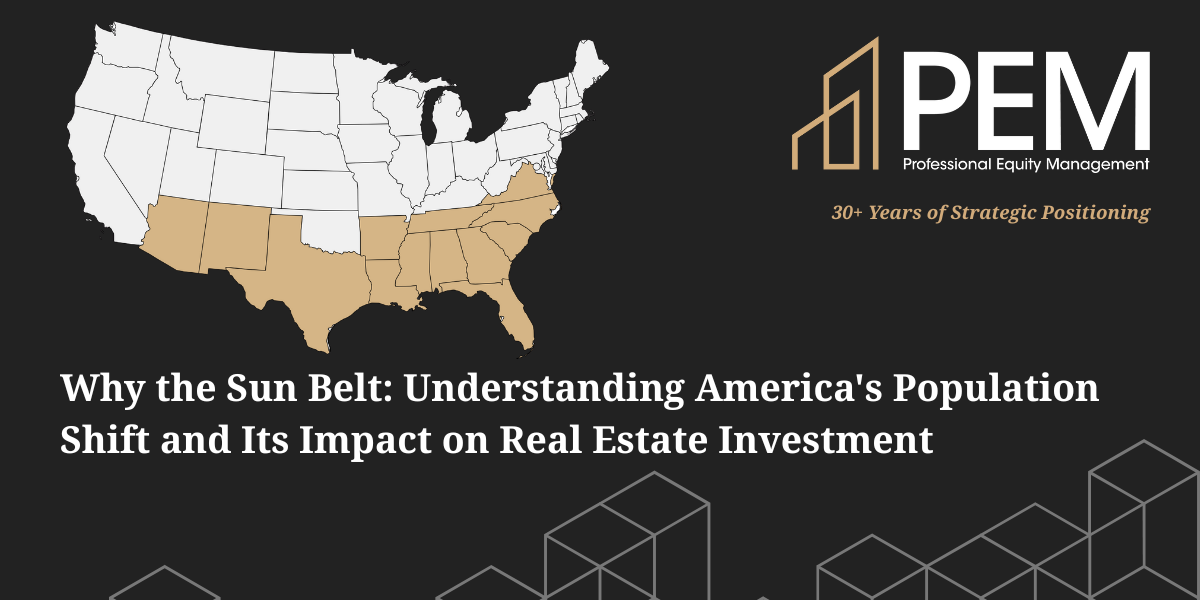 US map highlighting Sun Belt states showing population migration patterns for real estate investment analysis