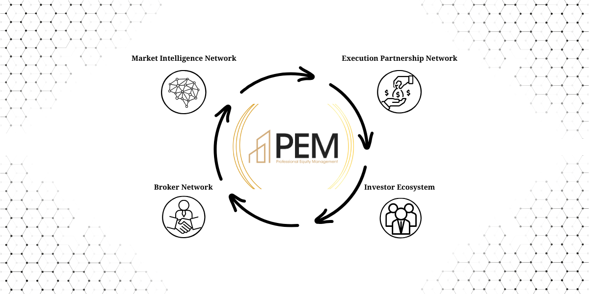 Diagram showing PEM's four interconnected network ecosystem: Broker Network, Execution Partnership Network, Market Intelligence Network, and Investor Ecosystem arranged in a circle around the PEM logo
