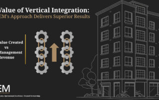 Vertical integration comparison showing $2M investor value versus $6K management revenue with apartment building illustration