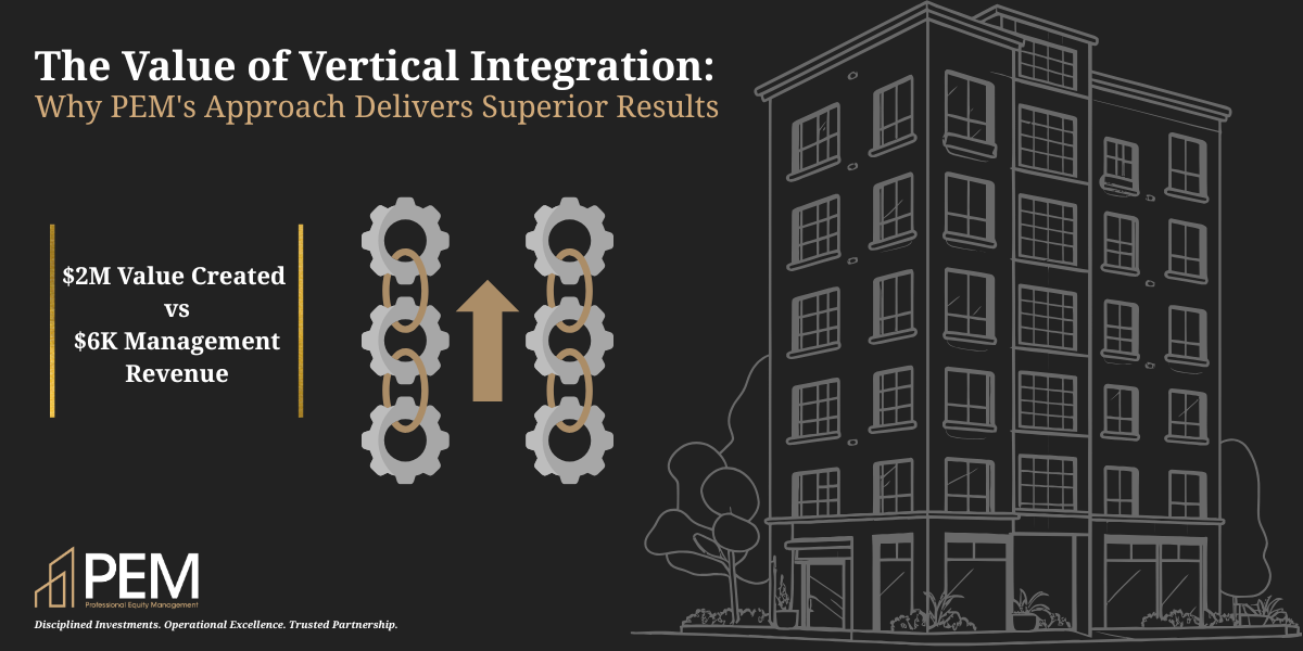 Vertical integration comparison showing $2M investor value versus $6K management revenue with apartment building illustration