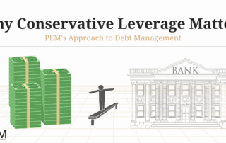 Hero image depicting title and subtitle of PEM's 8th blog, as well as graphic representation of a stick figure walking a balance beam between cash and a bank.