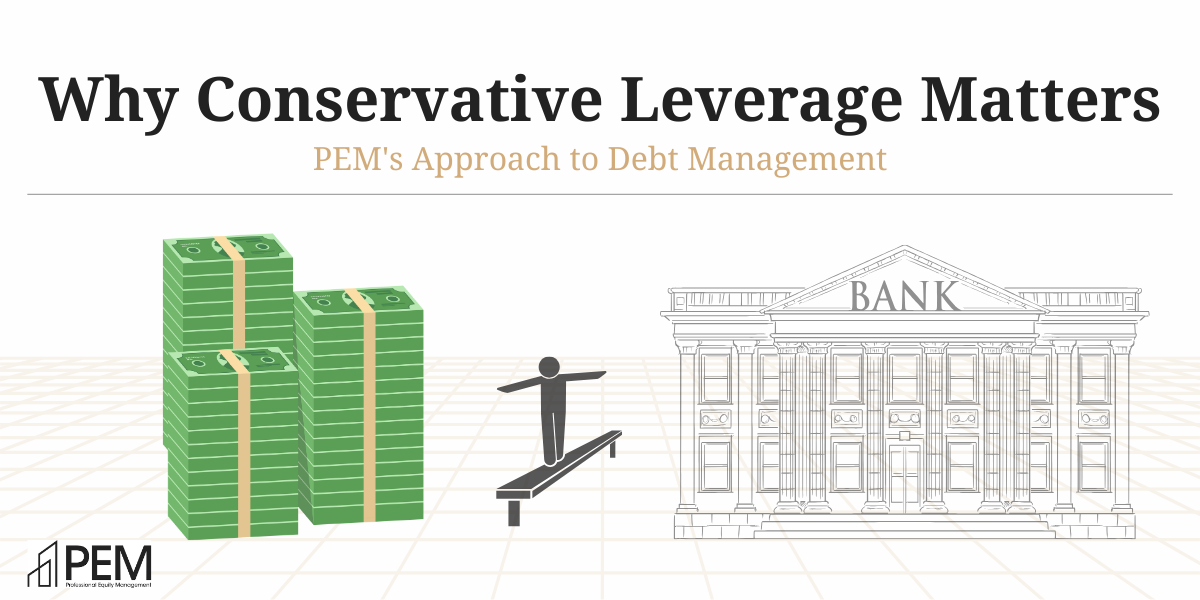Hero image depicting title and subtitle of PEM's 8th blog, as well as graphic representation of a stick figure walking a balance beam between cash and a bank.