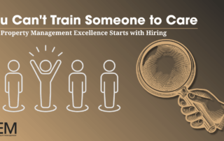 Property management hiring concept: magnifying glass selecting an exceptional candidate from a group, representing PEM's selective approach to finding operators who genuinely care