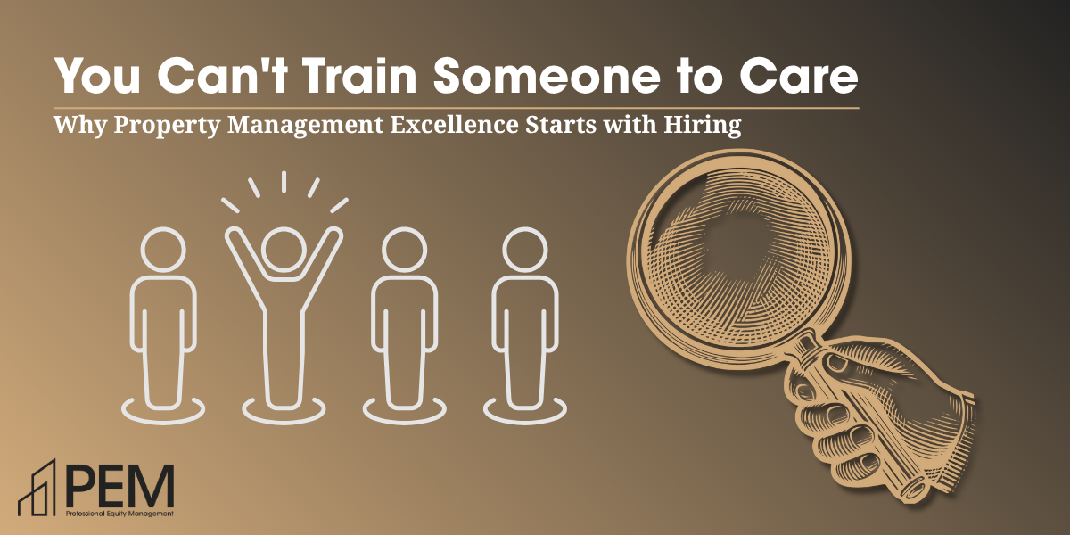Property management hiring concept: magnifying glass selecting an exceptional candidate from a group, representing PEM's selective approach to finding operators who genuinely care