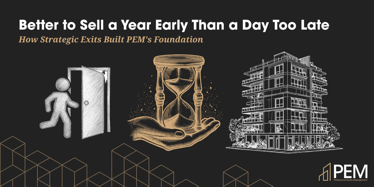 Engraved-style illustration showing three connected symbols: a person exiting through a doorway, an hourglass representing timing, and a multifamily apartment building, set against a geometric pattern background